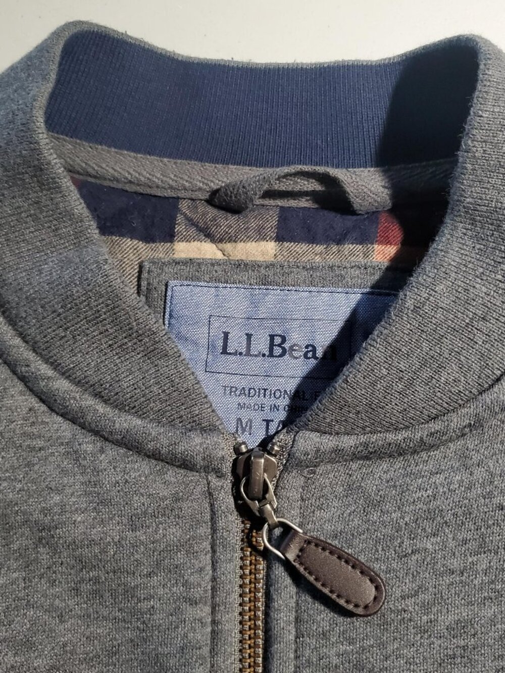LL Bean Zip Front Plaid Lined Grey Sweatshirt Jacket Sz M Tall